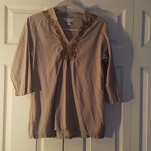 Tan shirt with gold embriodery